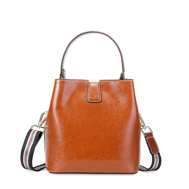 Wax Cowhide Leather Women's Bag Portable Bucket Bag Single Shoulder Crossbody Bag Yellow - Shop at LoveMi