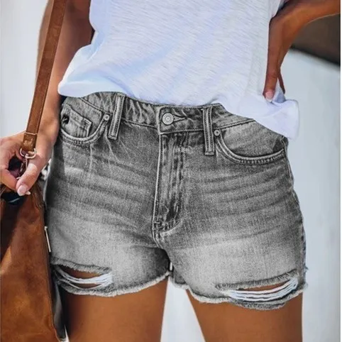 Summer Hole Denim Shorts Female Fringe Jeans Grey - Shop at LoveMi