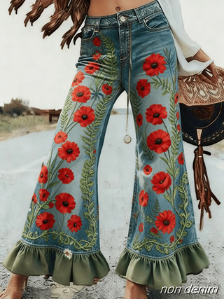 Ladies' Casual And Fashionable Retro Printed High-waisted Single-button Flared Pants, Comfortable Fake Jeans Can Modify The Leg Shape