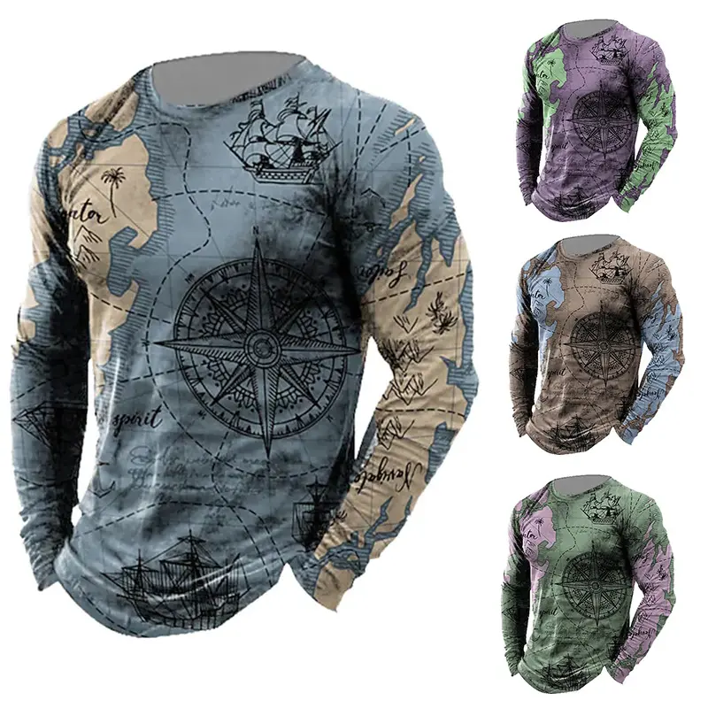 Men's Nautical Compass Pattern Crewneck Long Sleeve
