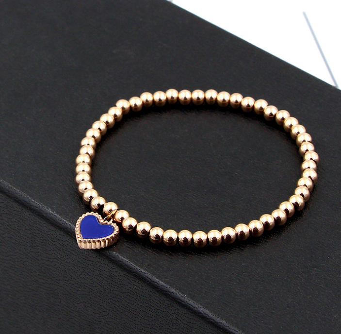 Lace Double-sided Peach Heart Beads Elastic Rope Titanium Steel 14K Color Gold Bracelet