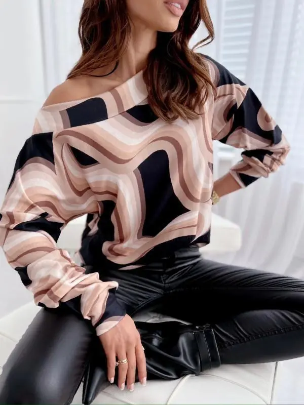 Autumn And Winter Long Sleeve Loose Shoulder Sleeve Leopard Print Blouse For Women Khaki Curve - Shop at LoveMi