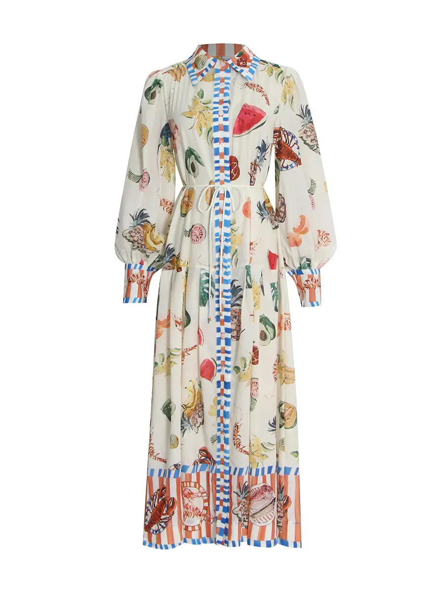 Fruit Print Maxi Shirt Dress with Polo Collar and Lantern Sleeves
