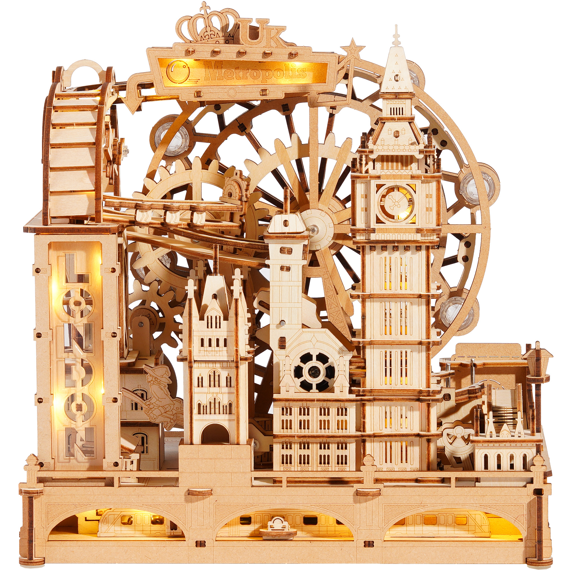 ROKR 3D Wooden Puzzle Marble Track - London City Model With LED Lights, 431-Piece Mechanical Building Set, Perfect For DIY Educational Engineering Art Gifts For Adults And Teens
