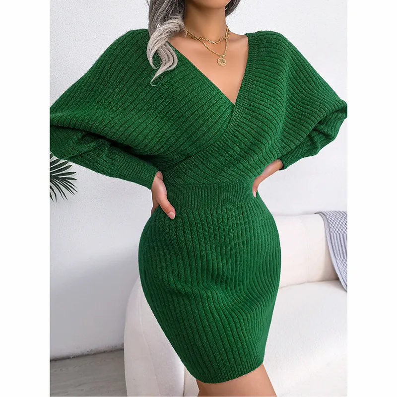 Women's Batwing Sleeve Sweater Dress - Sexy Off The Shoulder V-Neck Mini Dress, Solid Color - Green