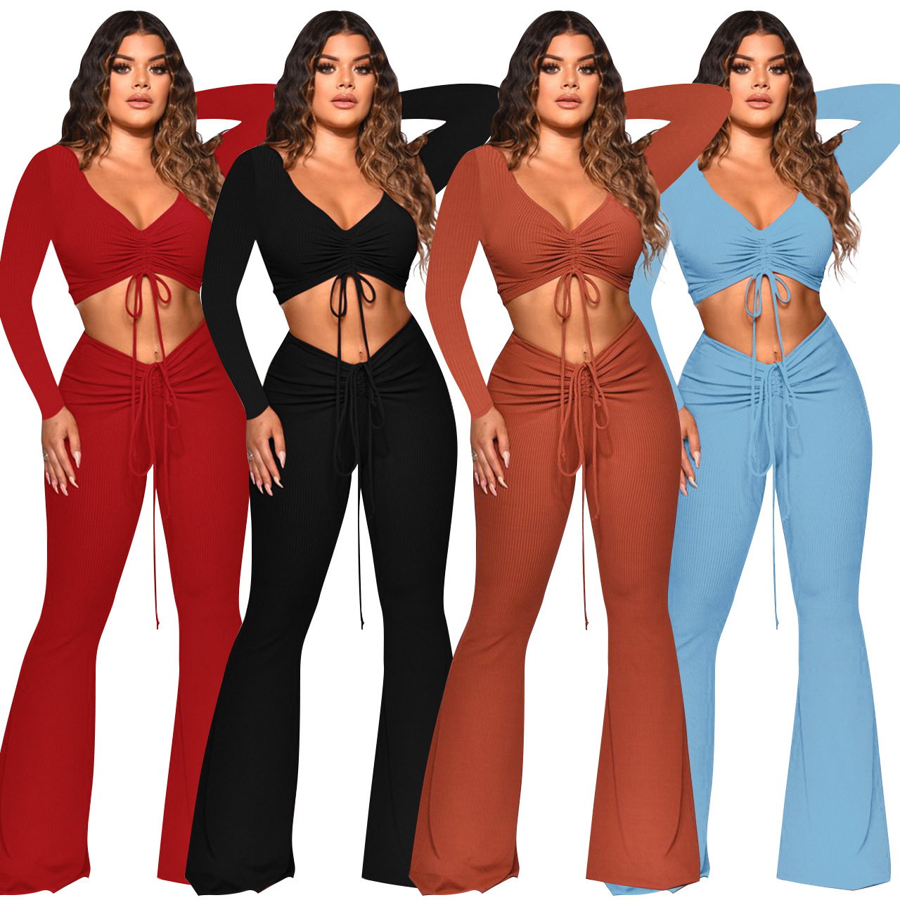 Fashion V-neck Sexy Bootcut Trousers Two-piece Suit