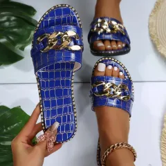 Women's Fashion One Word Flat Sandals - Blue - View 1