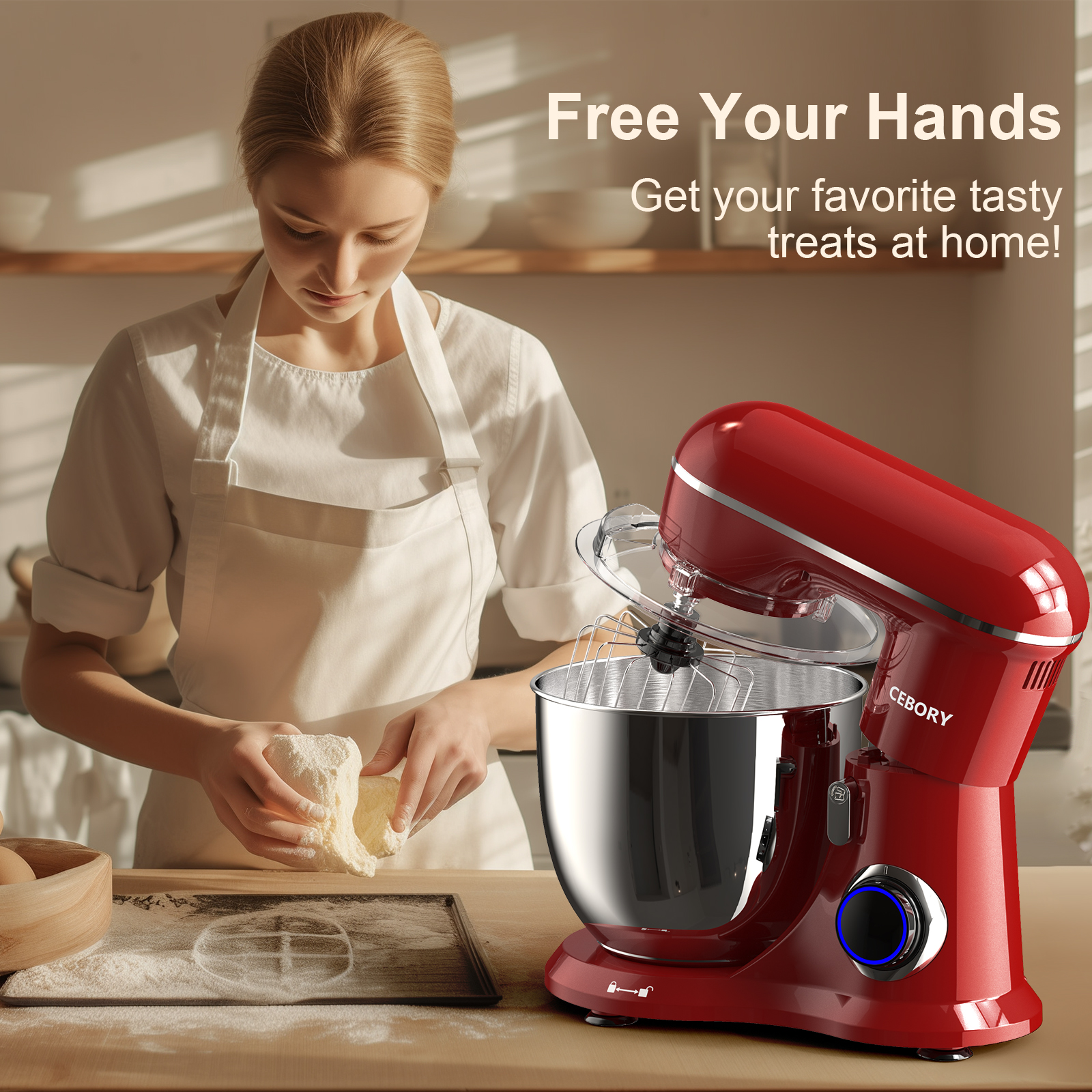 electric stand mixer with attachments and accessories in empire red color