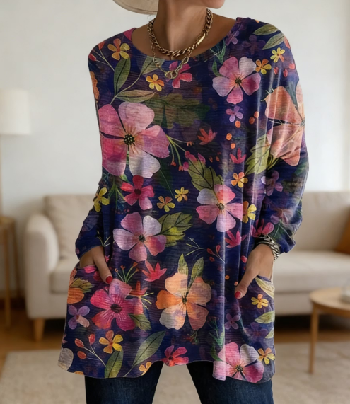 Navy Blue Watercolor Floral Print Tunic Top Cozy Loose Fit With Pockets product image
