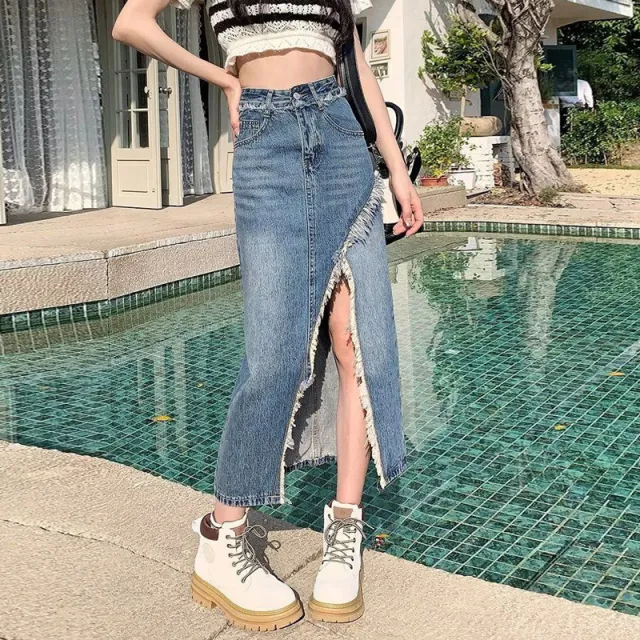 Irregular Denim Skirt For Women With Split Edges, Niche Design, Black And Gray High Waist Straight Medium Length Hip Skirt For Summer Blue - Shop at LoveMi