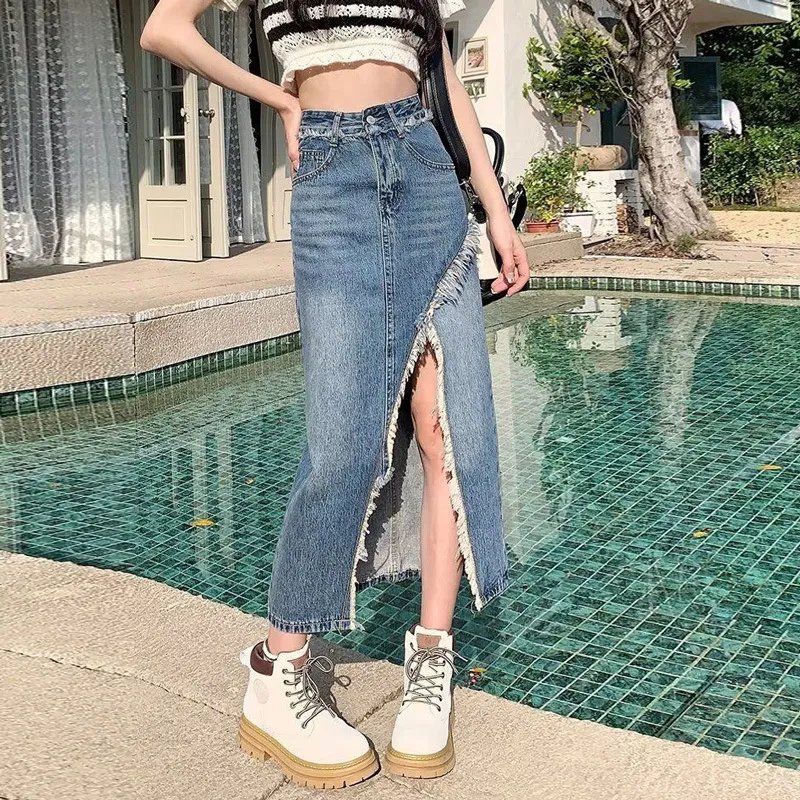 Irregular Denim Skirt For Women With Split Edges, Niche Design, Black And Gray High Waist Straight Medium Length Hip Skirt For Summer - Blue