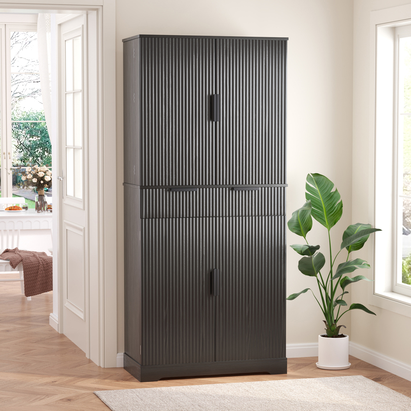 72-Inch Black Fluted Pantry Cabinet