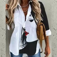 Personalised Fashion Long Sleeve Lapel Print Shirt - White - View 1