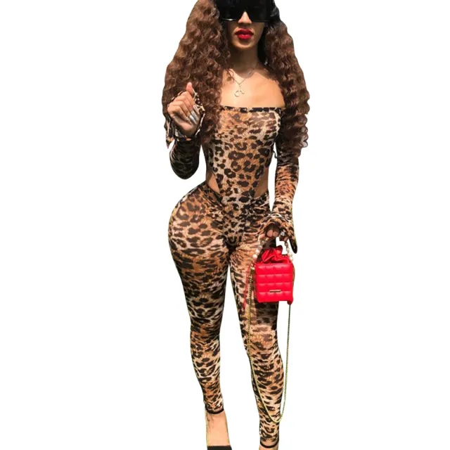 Fashion Mesh Leopard Print Bodysuit Ladies Two Piece Set Leopard Print - Shop at LoveMi