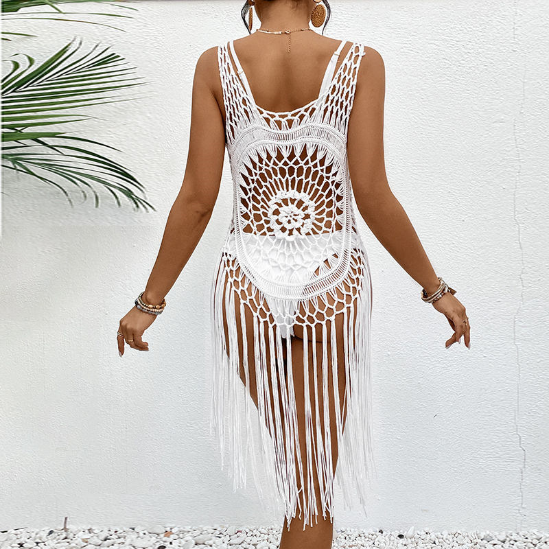 New Hand Crochet Fringe Beach Dress, Hollow Out Halter Bikini Cover Up, Hot Selling Summer Hand Knit Beach Tunic For Amazon Wholesale