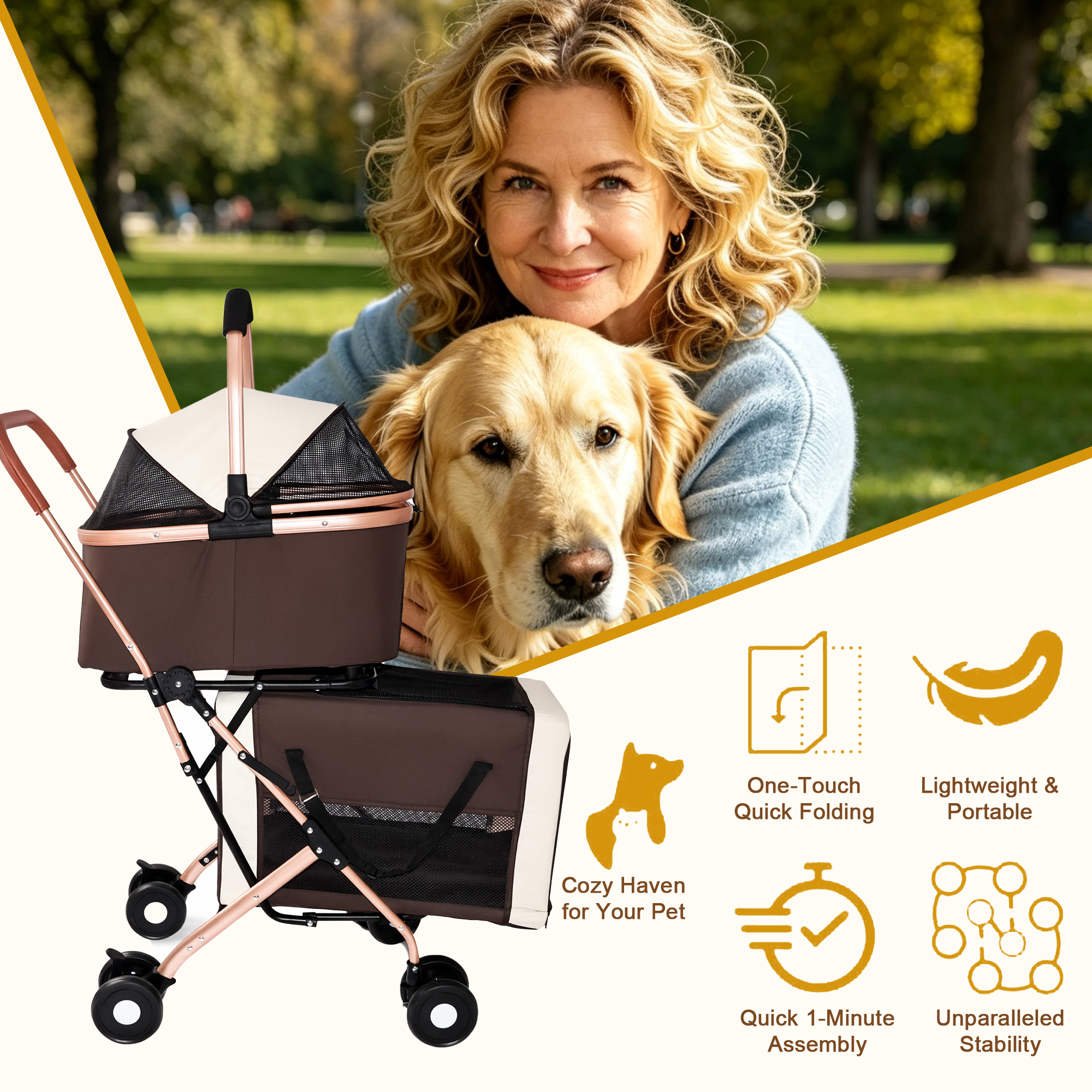 3-in-1 Double Pet Stroller For Small Medium Dogs Cats, Foldable Frame Convertible Pet Carrier Tote, Shockproof Wheels With Brake System, Dual Fixed Safety Leashes For Multi-Pet Households thumbnail 9