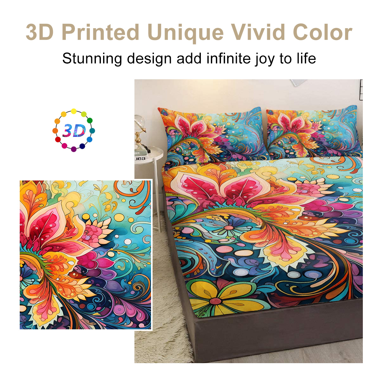 Bedding Fitted Sheet With Deep Pocket Mattress Cover Sheets,Colorful Flowers Printed Fabric Bed Sheets