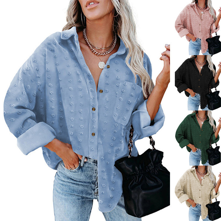Chiffon Jacquard Lapel Long Sleeve Shirt Buttoned Cardigan Top