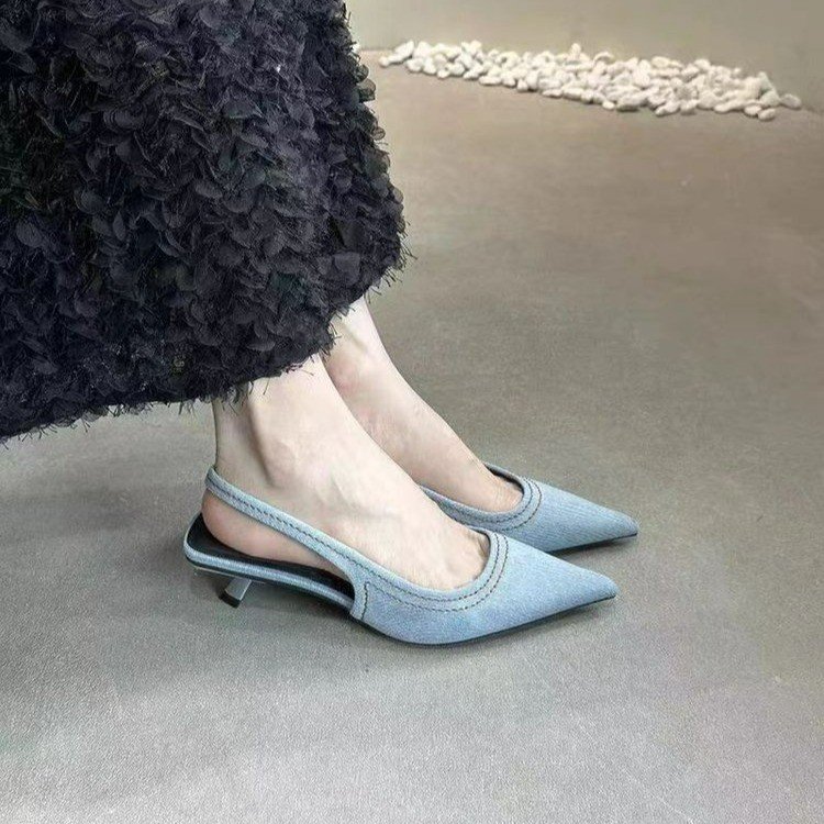 Denim Pointed Toe Mule Heels