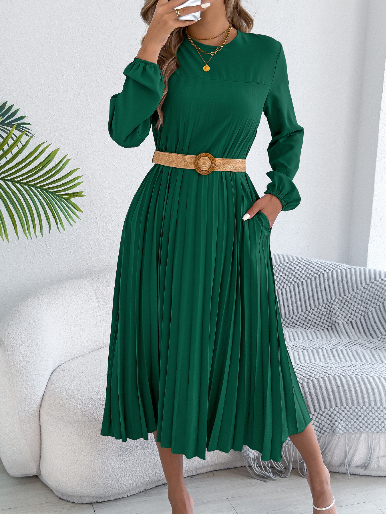 Women's Casual Solid Color Long Sleeve Pocket Pleated Dress