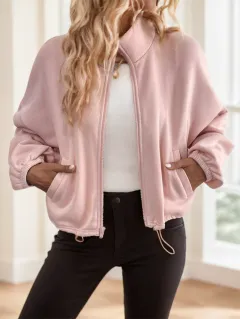 Women's Zip-Up Drawstring Long Sleeve Casual Hooded Sweatshirt Jacket - Pink - View 1