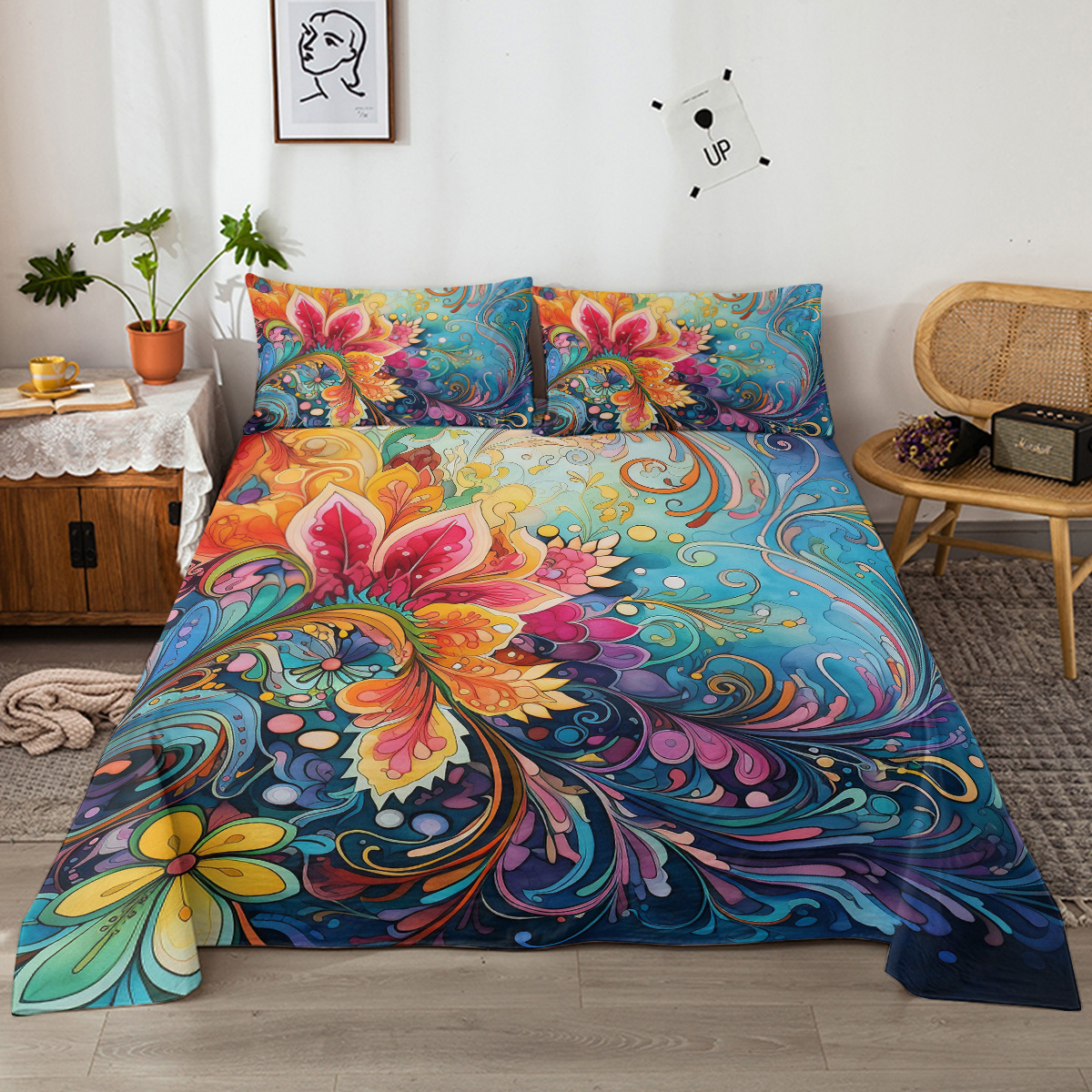 Bedding Flat Sheet Set With Deep Pocket Mattress Cover Sheets, Colorful Flowers Printed Fabric Bed Sheets