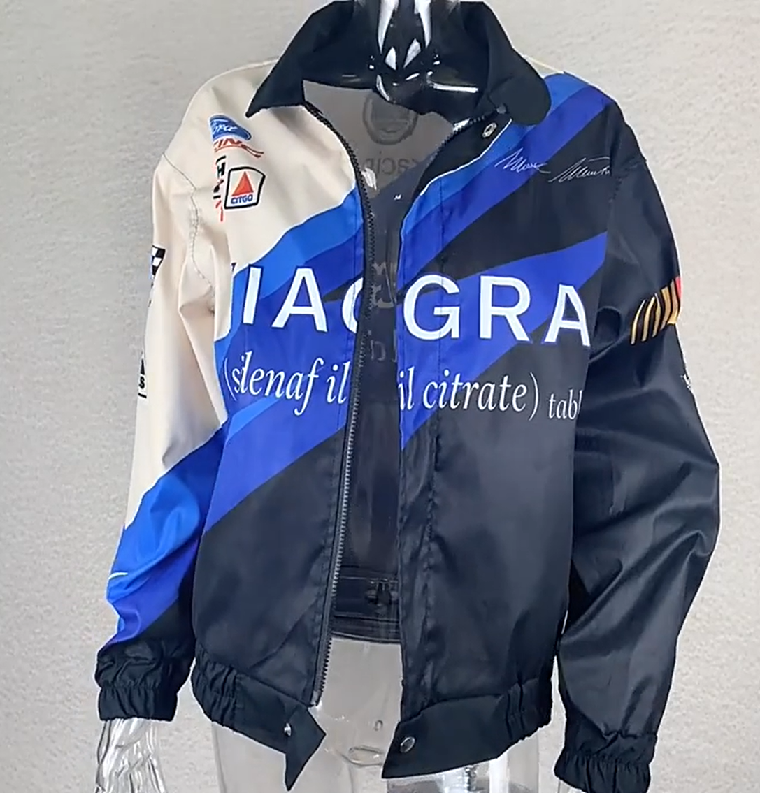 Sporty Blue Printed Casual Loose Long Sleeve Windbreaker Jacket Blue - Shop at LoveMi