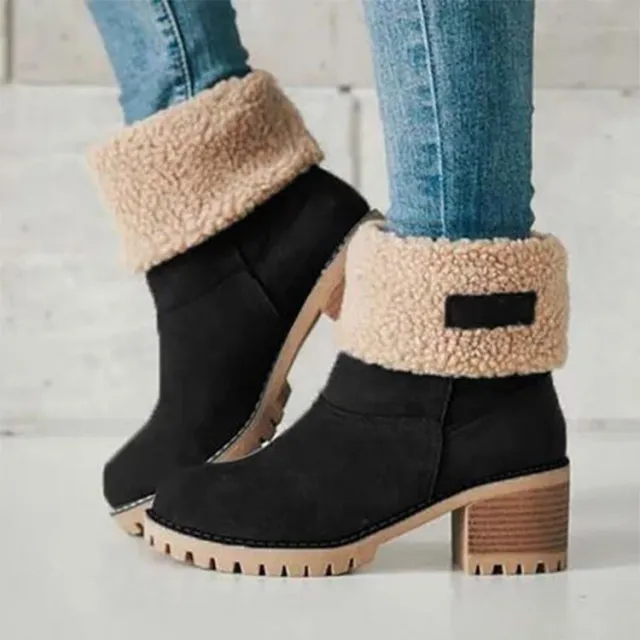 Suede Ankle Boots Adjustable Foldable Mid Calf Boot Winter Flock Square Heels Shoes Fashion Plush Warm Platform Non Slip Shoes Black - Shop at LoveMi
