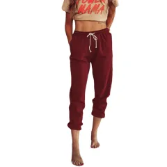 Women's Loose High Waist Tie Cropped Leggings - Wine Red - View 1