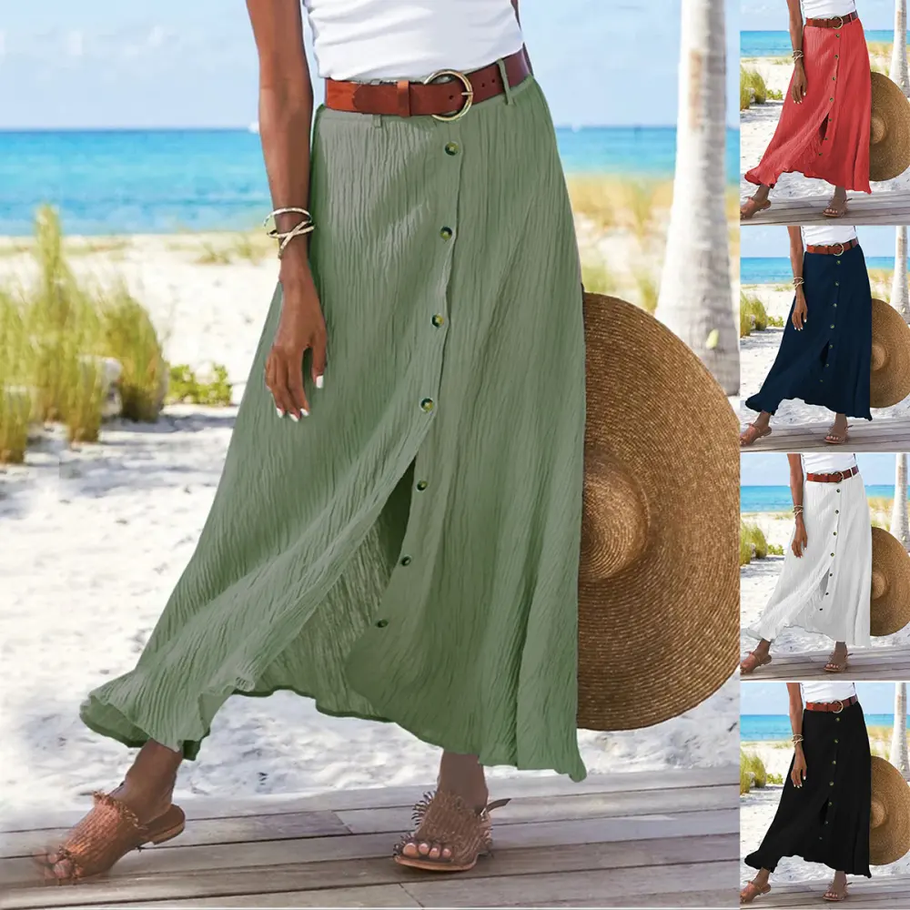 Women's Fashion Cotton Linen A-Line Hip Mid Waist Long