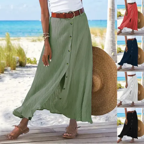 Women's Fashion Cotton Linen A-Line Hip Mid Waist Long