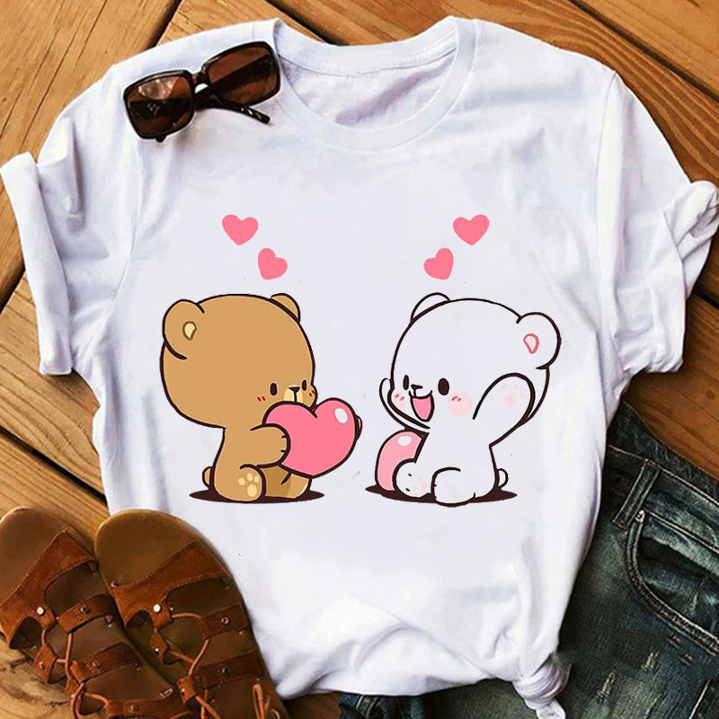 Title 12, Cute Cartoon Cat Print Couple White T-shirt Loo...