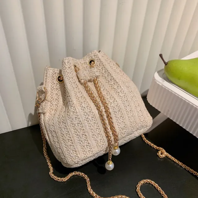 Straw Drawstring Bucket Fashion Girl Bag Beige - Shop at LoveMi