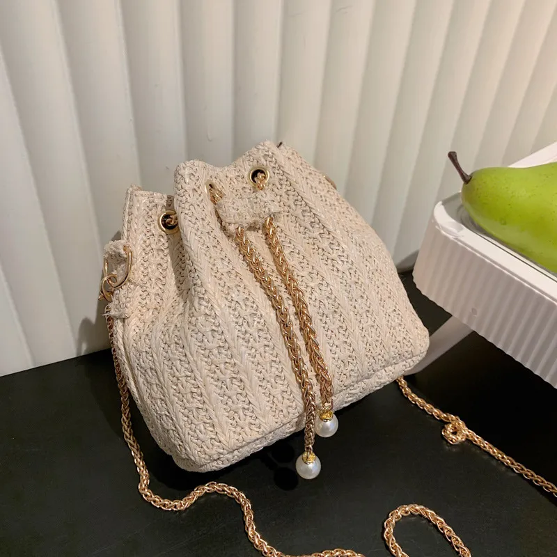 Straw Drawstring Bucket Fashion Girl Bag - Beige