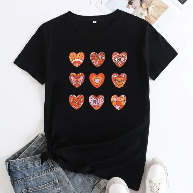 Women's Fashion Letter Print Cotton Round Neck Short Sleeve Black - Shop at LoveMi