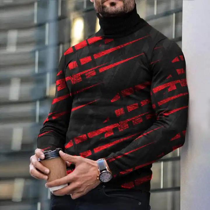 Autumn Winter Men's Long Sleeve Turtleneck T Shirt Printed Casual Top