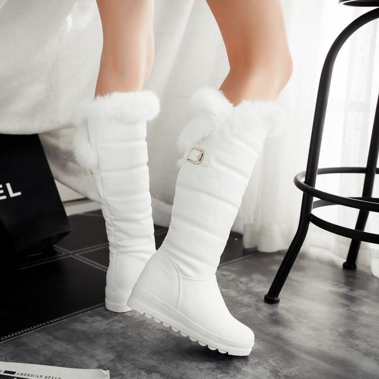Metal Buckle Rabbit Fur Platform Flat Heel High Boots - Image 1