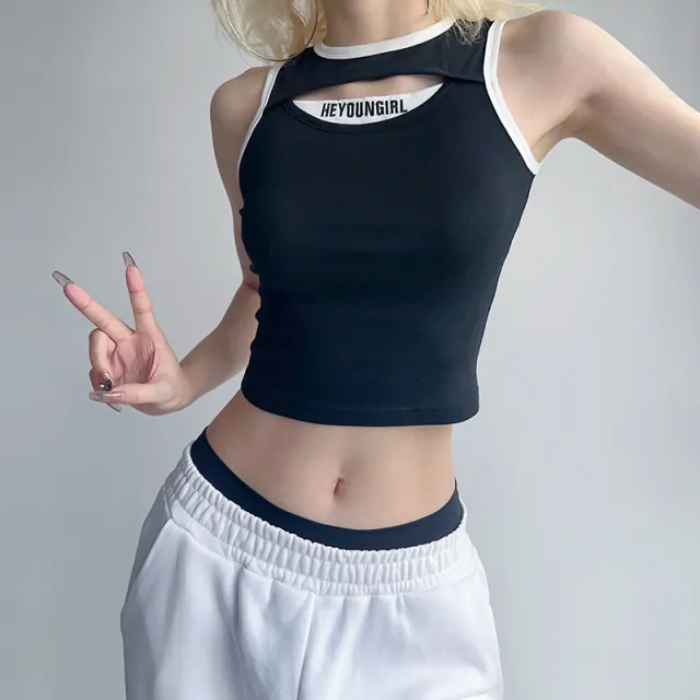 American Hollowed Out Letter Printed Tank Top With Contrasting Color Stitching For Women Black - Shop at LoveMi