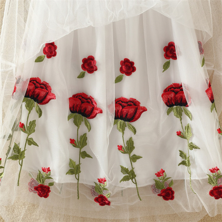 Embroidered Floral Pleated Mesh Skirt Mid Length