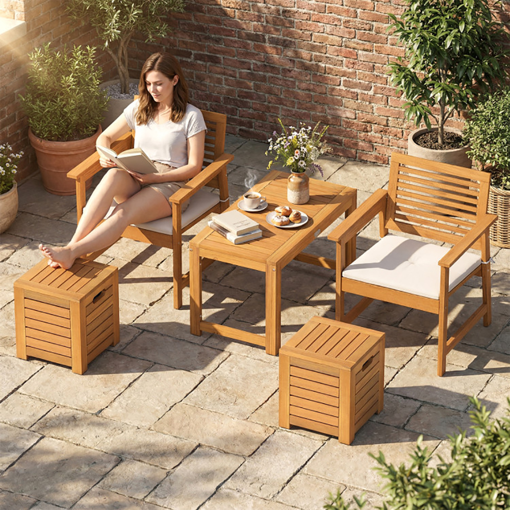 Acacia Wood Outdoor Coffee Table With Stools Set Of 2 3 Pieces Patio Table And Stools Set For Balcony, Patio, Porch, Garden And Other Limited Space
