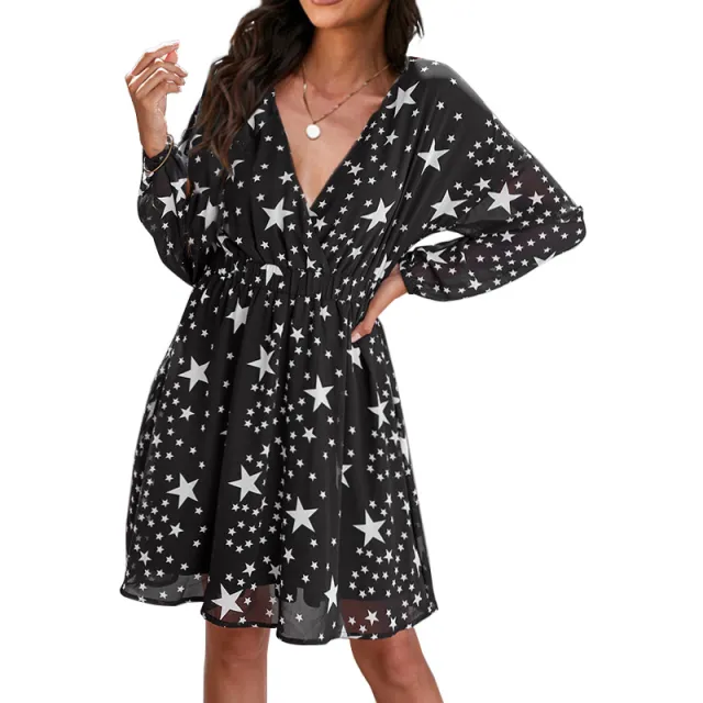 Fashion Star Print Mesh Sleeve Lined Long Sleeve Dress Black - Shop at LoveMi