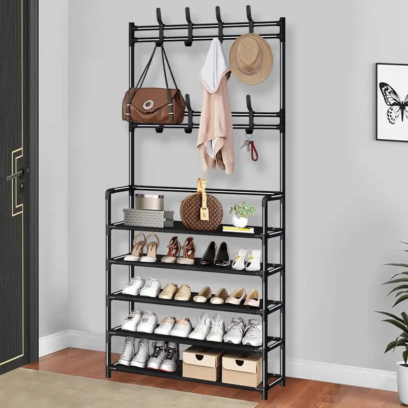 New Coat And Hat Stand 8 Hooks Metal Shoe Rack 5 Tiers Shelf Hanger Black 13