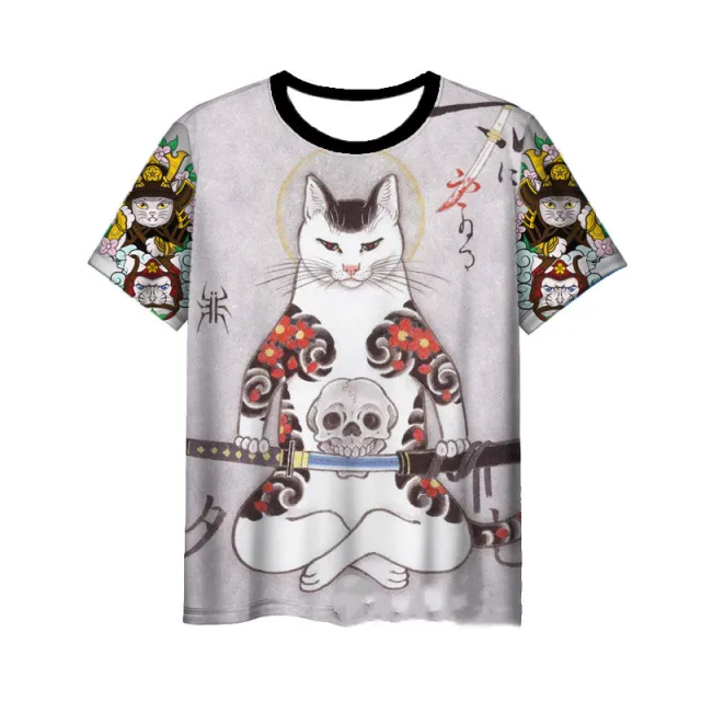 Japanese Samurai Cat 3D Digital Printing Men's Round Neck Short Sleeve 1Style - Shop at LoveMi