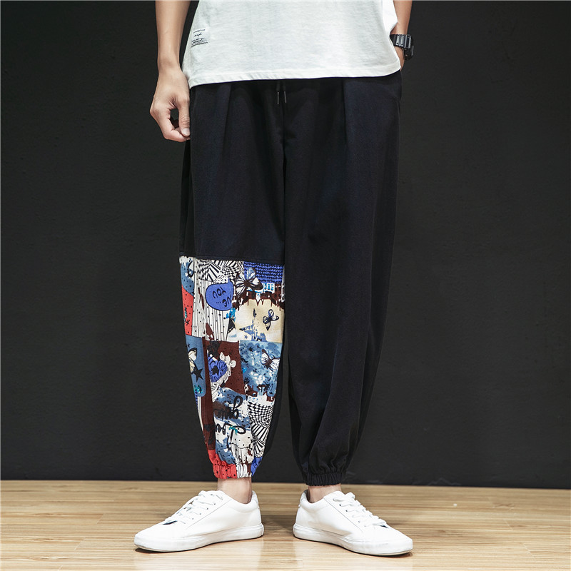 Chinese Style Cotton And Linen Stitching Loose Cropped Trousers