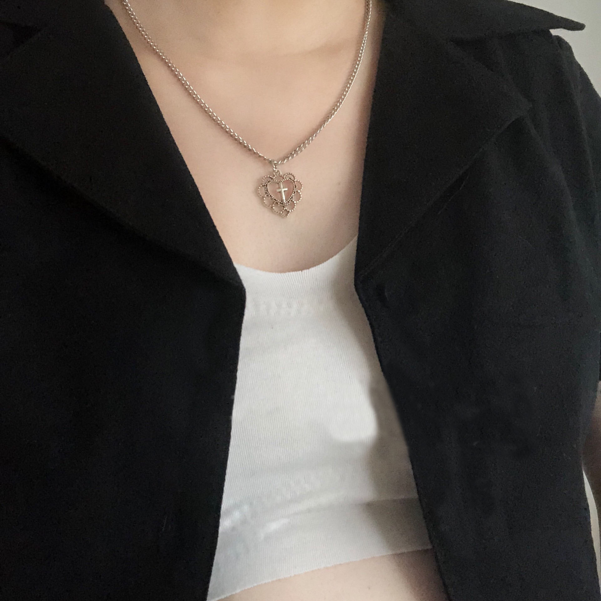 Gothic Punk Style Hollow Heart Cross Pendant Necklace