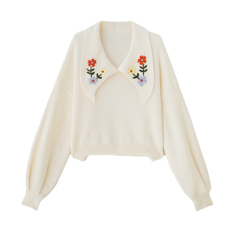 Embroidered Floral Sweater Women Loose-fitting Outside