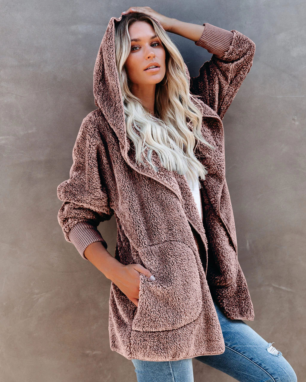 Title 6, Giacca cardigan con cappuccio in peluche casual