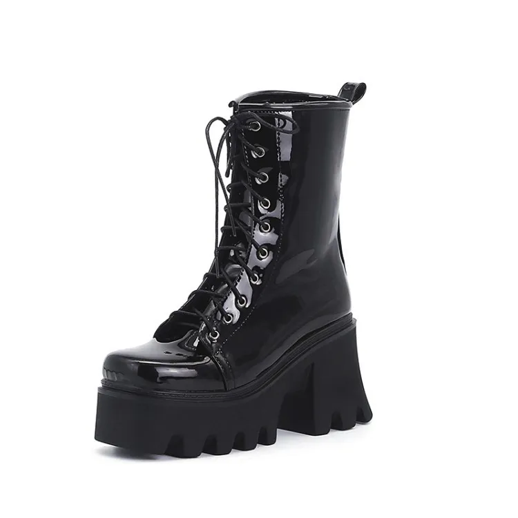 European And American Style Patent Leather Square Toe Lace-up Shoes - Black