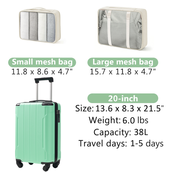 20-Inch Hardshell Carry-On Luggage, Lightweight Durable ABS Suitcase with Spinner Wheels, Built-in TSA Lock, 2 Packing Cubes, Creamy Green-24