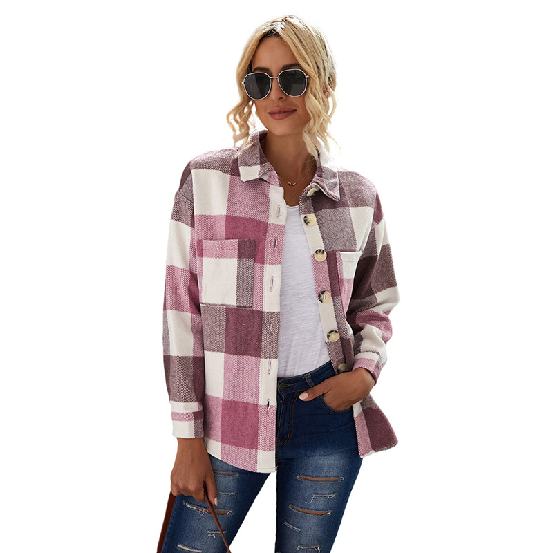 Ladies Plaid Breasted Pocket Casual Jacket